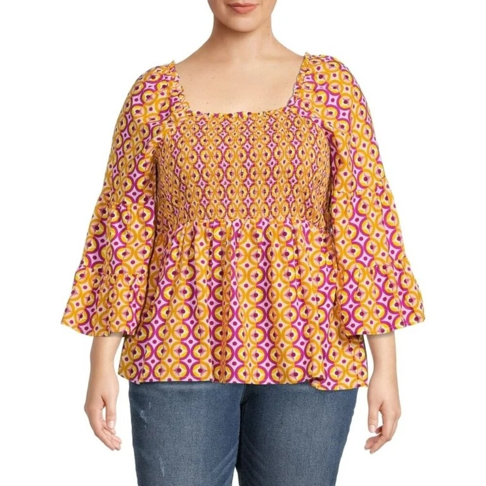 Terra & Sky Yellow Purple Geo Print Smocked Babydoll Top Size 0X 14W
